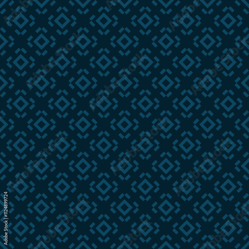 Simple geometric seamless pattern with small square shapes, lines, diamonds. Subtle dark blue pixel art texture. Abstract minimalist vector background. Stylish repeated design for textile, tablecloth