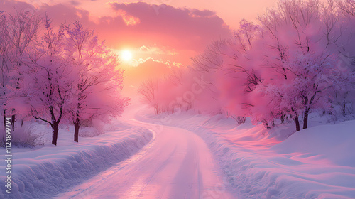 There is a beautiful sunrise surrounded by white trees and a pastel sky. Perfect for winter travel photography, the scene is peaceful and serene.