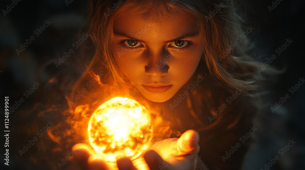 Naklejka premium litttle girl handling fire ball