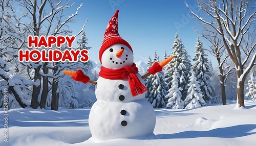  snowman in a red hat and scarf, in a snowy forest. Text says 