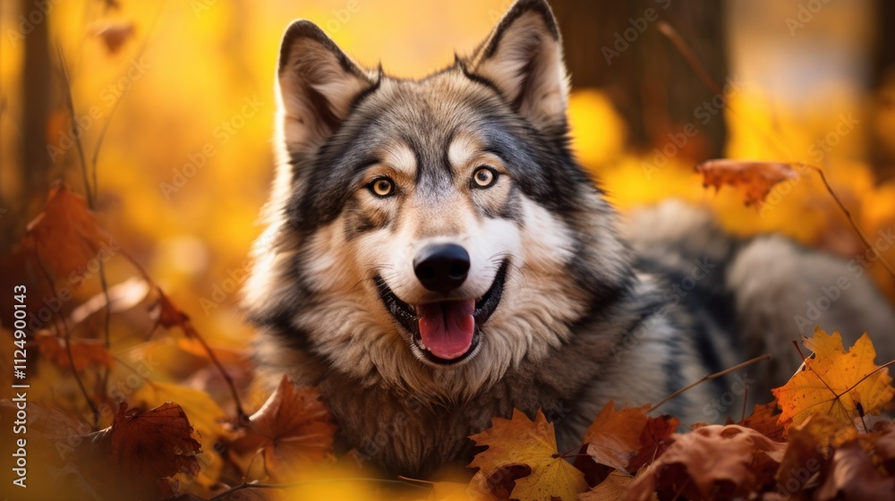 Portrait of happy wolf rejoices in autumn. Portrait of happy wolf rejoices in autumn.