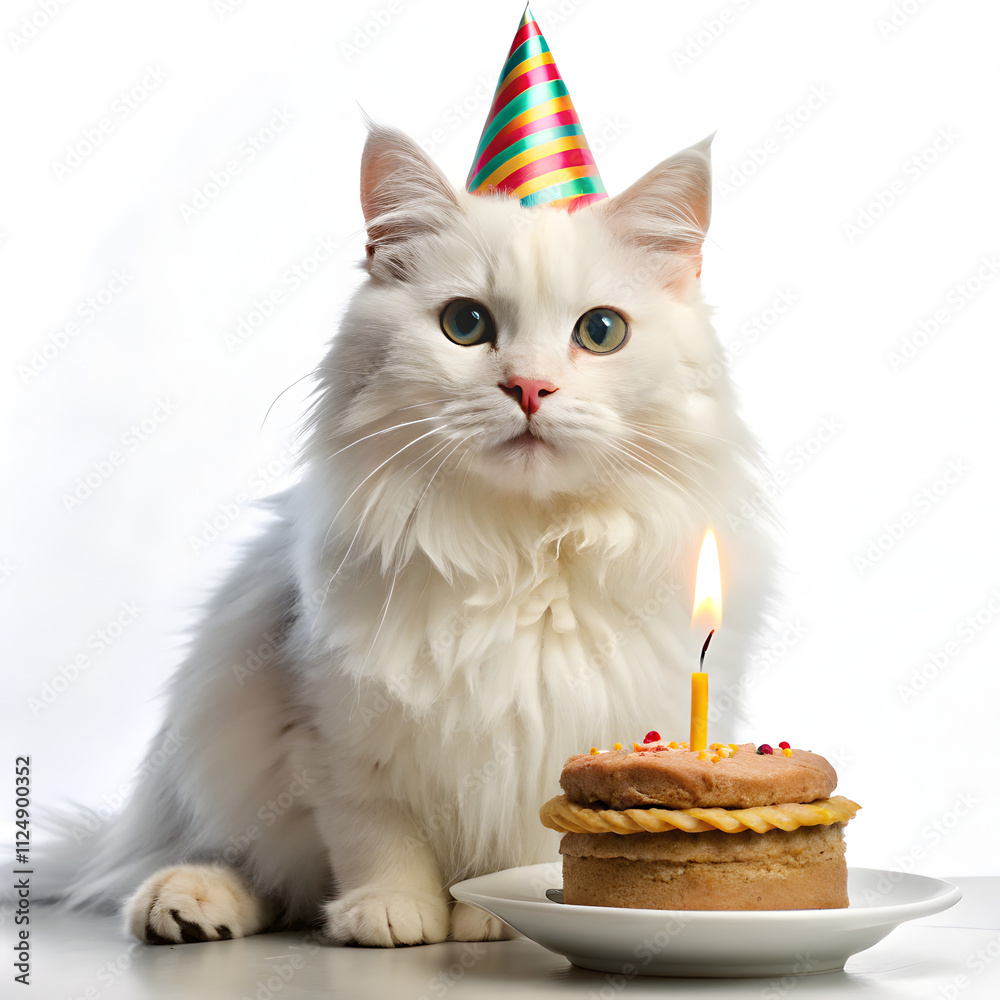 white fluffy cat with birthday cake white fluffy cat with birthday cake