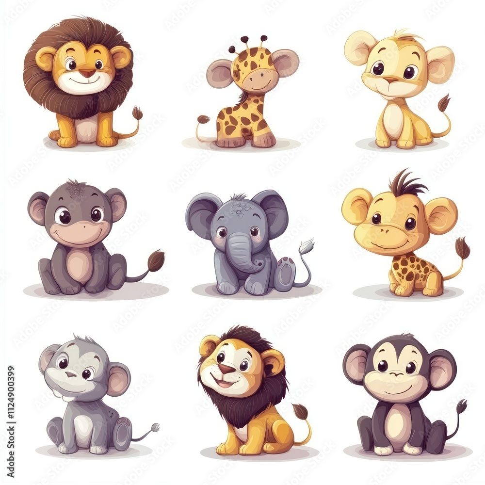 Nine adorable baby animals; lion, giraffe, monkey, etc. Nine adorable baby animals; lion, giraffe, monkey, etc.