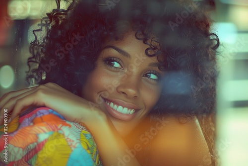 A young black woman with an afro hairstyle gazes at a shop window.