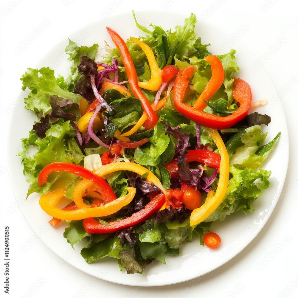 Colorful mixed vegetable salad with bell peppers and fresh greens on a white plate. Colorful mixed vegetable salad with bell peppers and fresh greens on a white plate.
