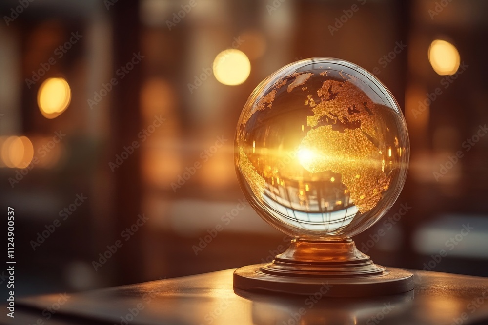 Globe on display reflecting golden light in modern indoor setting during evening hours Globe on display reflecting golden light in modern indoor setting during evening hours