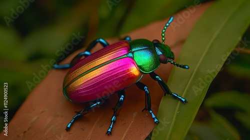 Vibrant Jewel Scarab Beetle on Lush Green Leaf photo