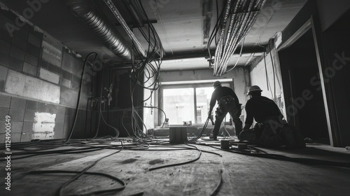 Workers installing HVAC ducts and electrical conduits in an unfinished interior floor, bundles of cables hanging overhead