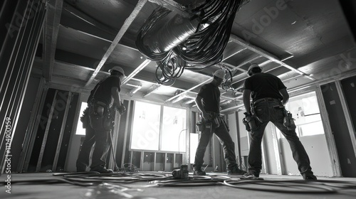 Workers installing HVAC ducts and electrical conduits in an unfinished interior floor, bundles of cables hanging overhead