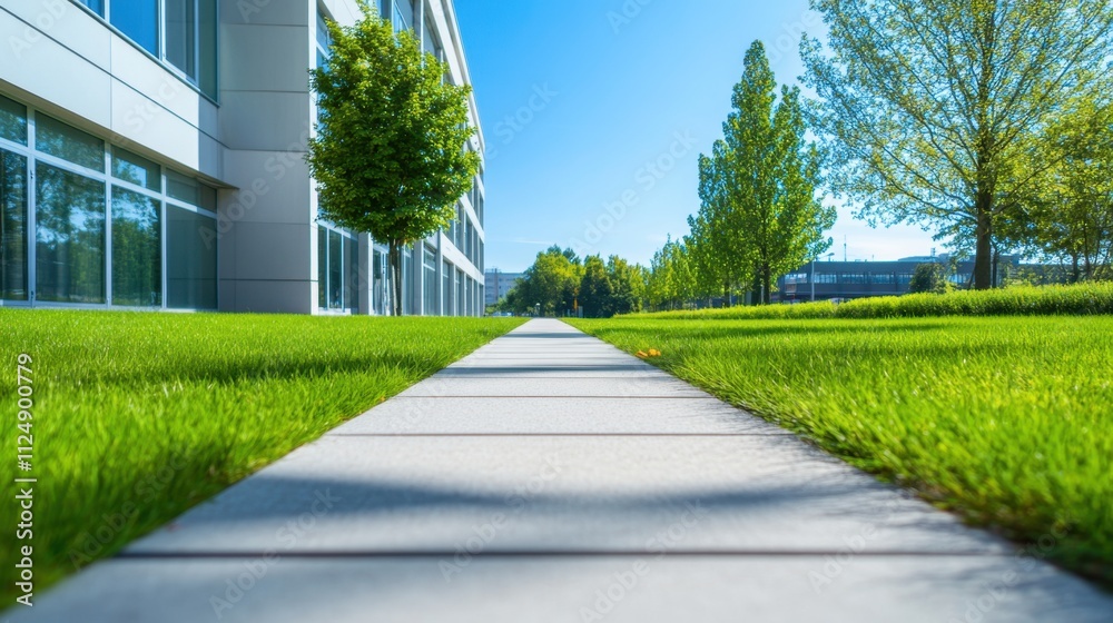 Fresh Green Pathway Through Lush Lawn Near Modern Office Building Fresh Green Pathway Through Lush Lawn Near Modern Office Building