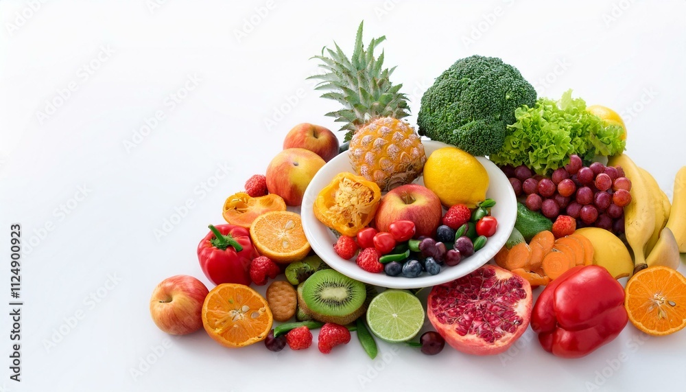 Generated image Food day decoration of meal, vegetables and fruits. Creative concept for healthy foods Generated image Food day decoration of meal, vegetables and fruits. Creative concept for healthy foods