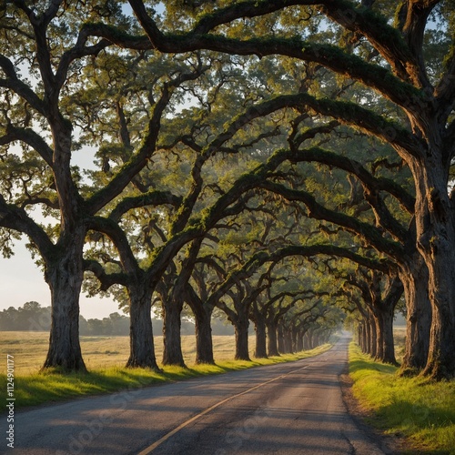 A scenic country road lined with ancient oak trees.