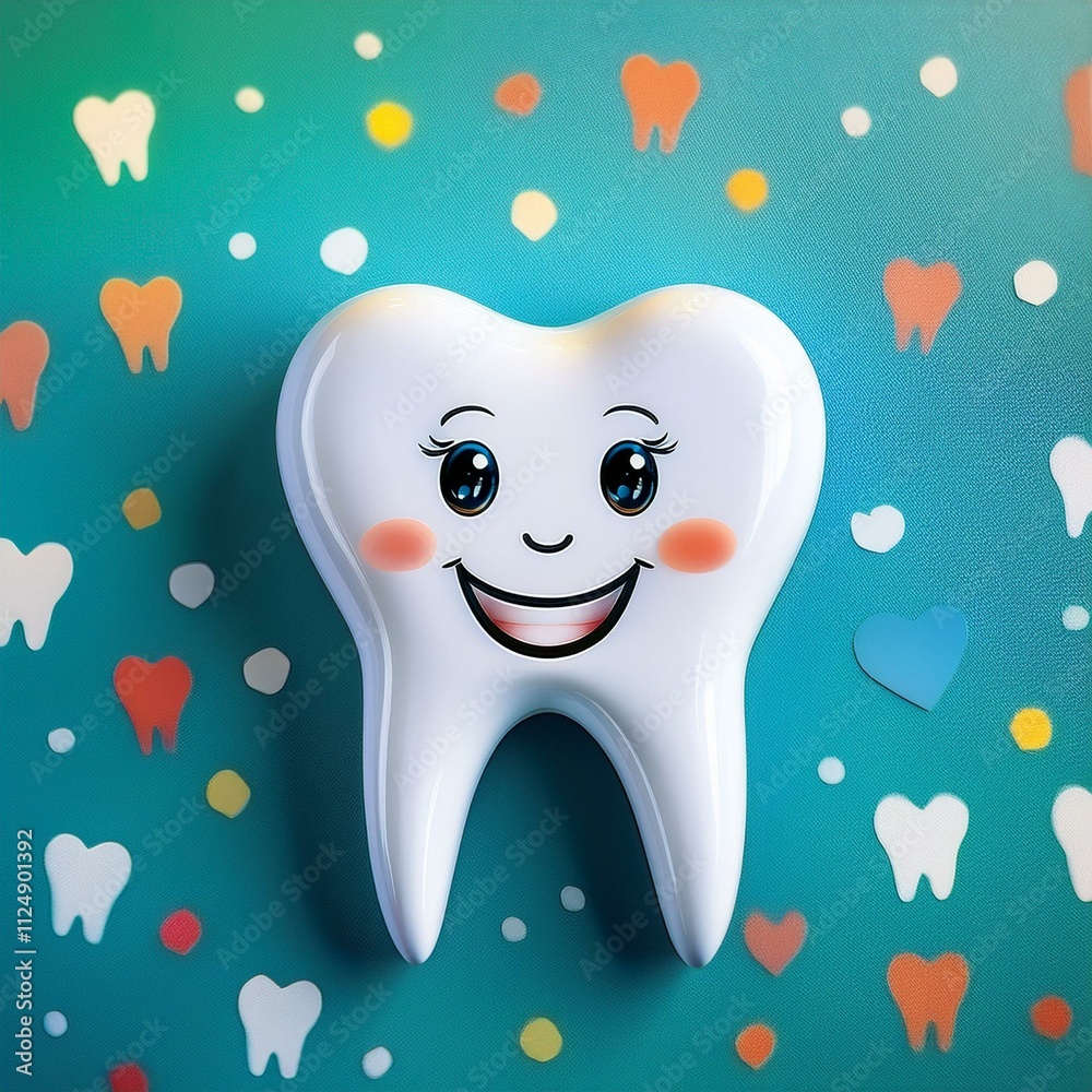 Generated image Dentist’s Day. Tooth with happy faces on abstract colorful background Generated image Dentist’s Day. Tooth with happy faces on abstract colorful background