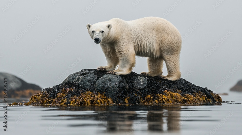 Fototapeta premium A polar bear gracefully balances on a rocky island, surrounded by still waters. Its white fur contrasts with the dark rocks and seaweed. The overcast sky sets a serene atmosphere in Axel