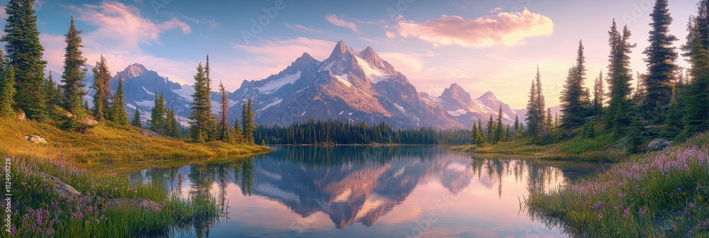 Fototapeta premium Mountain Landscape at Dawn or Dusk, Serene Lake Reflecting Sky and Majestic Mountains, Small Forested Area, Travel/Nature/Relaxation Themes