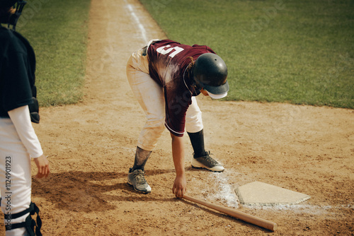 Baseball player preparing to bat at home base on a sunny day