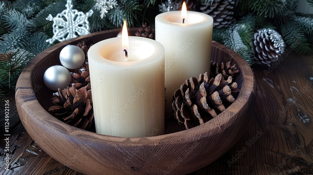 large white candles in a wooden bowl