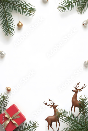 Minimalist Christmas Decoration with Reindeer, Gift and Pine Leaves with white central copy space. Vertical frame.