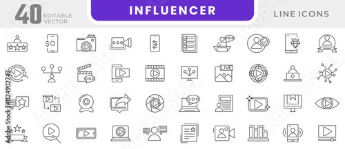 Influencer line icon set. influencer, blogger, vlogger, content creator, creator, creative, curator, moderator, blog, monetization, personal brand, video line icon set. UI thin line icon pack.