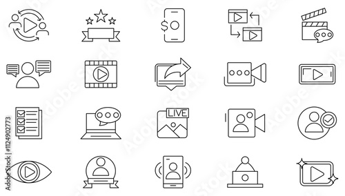 Influencer line icon set. influencer, blogger, vlogger, content creator, creator, creative, curator, moderator, blog, monetization, personal brand, video line icon set. UI thin line icon pack.
