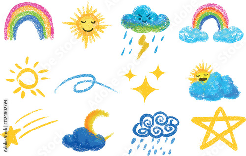 Collection of hand-drawn crayon rainbow, sun, and clouds on white paper