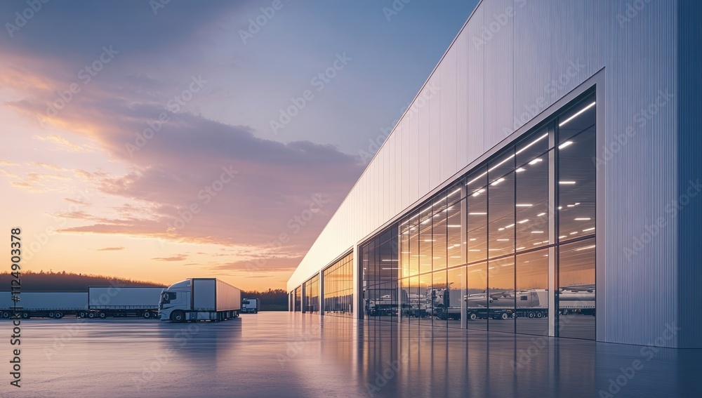 Modern Warehouse at Sunset with Semi-Trucks Modern Warehouse at Sunset with Semi-Trucks