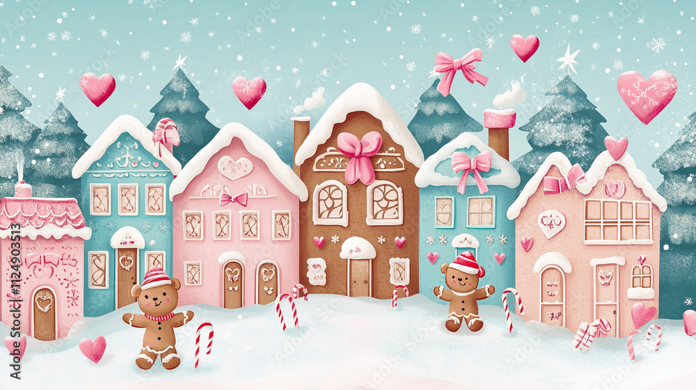 A gingerbread labyrinth of houses, in pink and teal colors, with cute little teddy bears in winter holding candy canes standing next to the buildings. Gingerbread hearts hang from the trees,