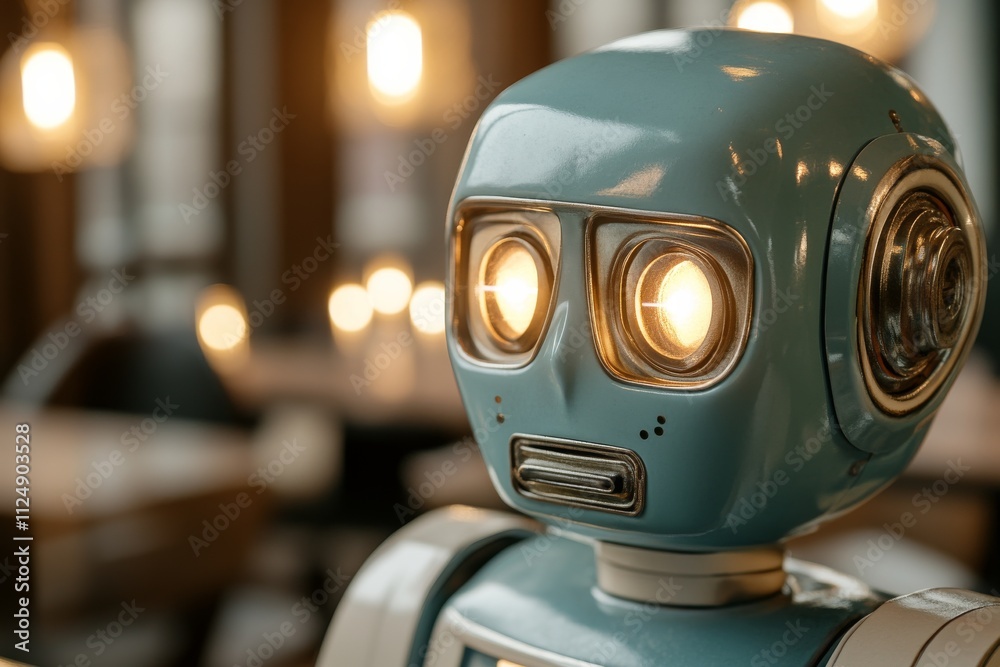 Friendly blue robot with expressive eyes engaged in conversation in a modern cafe setting Friendly blue robot with expressive eyes engaged in conversation in a modern cafe setting