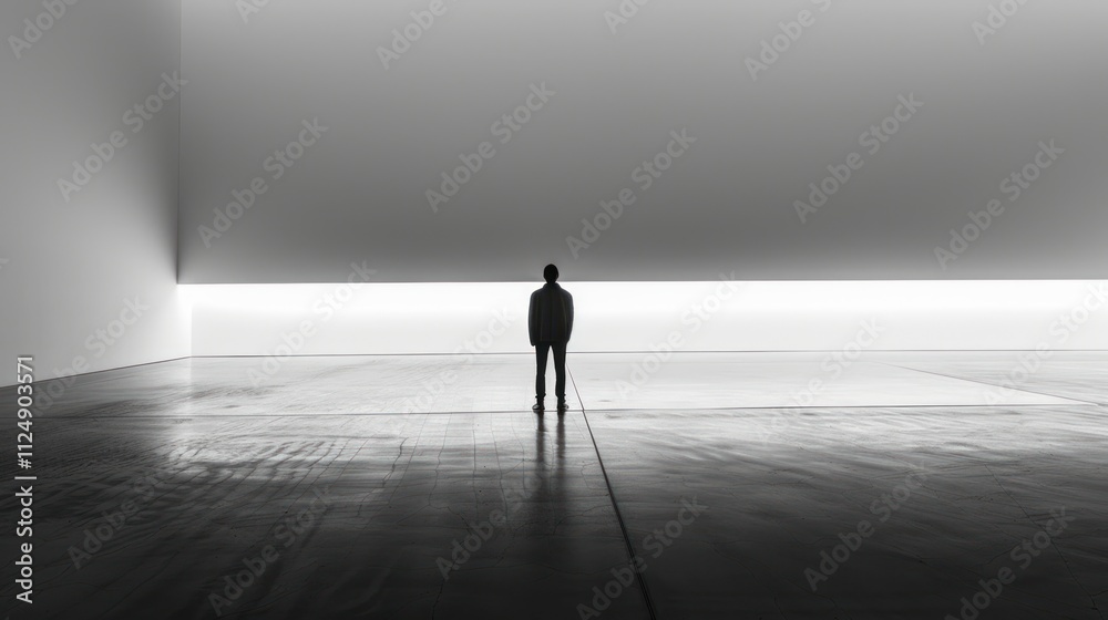 Solitary figure in vast, minimalist space.