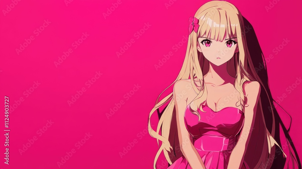 Anime black blond girl wearing pink dress isolated on neon pink background