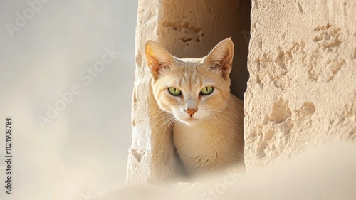 Ancient Egypt cat concept. Cat peering from a sandy niche with striking green eyes.