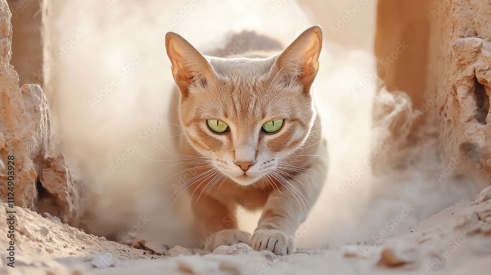 Fototapeta premium Ancient Egypt cat concept. Sandy cat with striking green eyes running through dust.