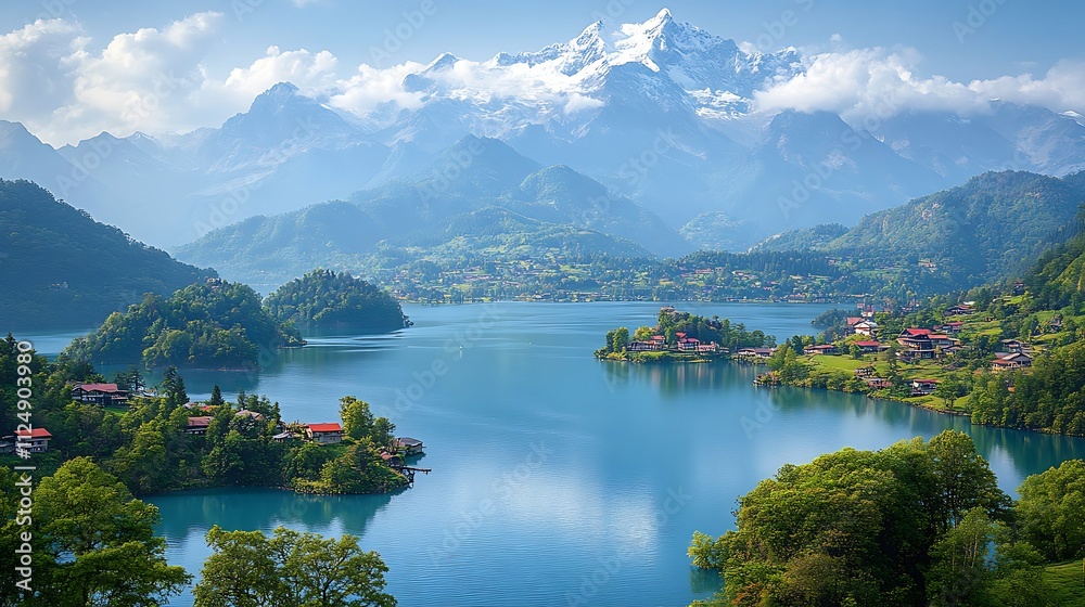 Fototapeta premium Stunning Alpine Lake Village Mountain Scenery