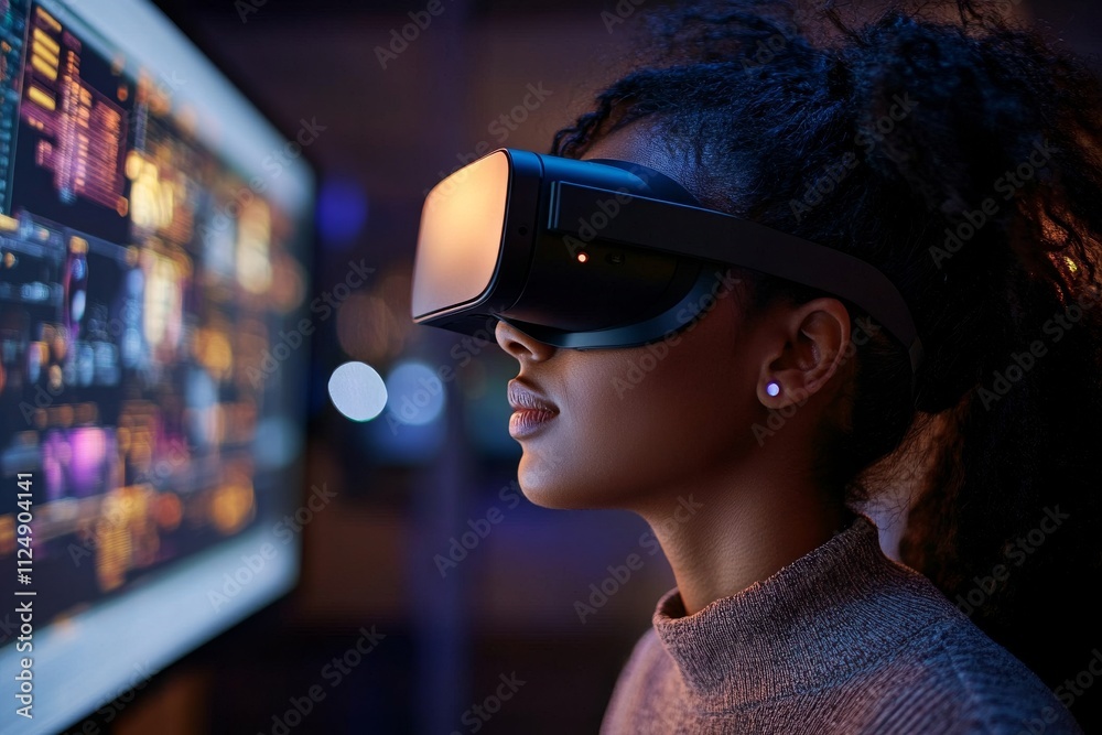 Engaging in virtual reality exploration in a tech setup during nighttime Engaging in virtual reality exploration in a tech setup during nighttime