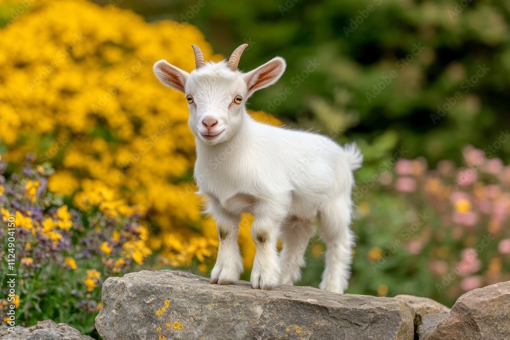 Obraz premium A close-up of a dwarf goat kid standing on a rock, with its playful expression and small horns highlighted