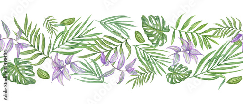 Flying tropical leaf branches watercolor horizontal seamless banner. Purple striped tradescantia, green palm, and monstera leaves pattern. Summertime illustration for textile, kitchen canvas
