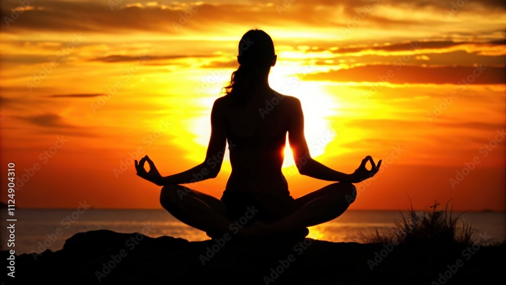 Silhouette of a woman meditating at sunset with a view of the ocean