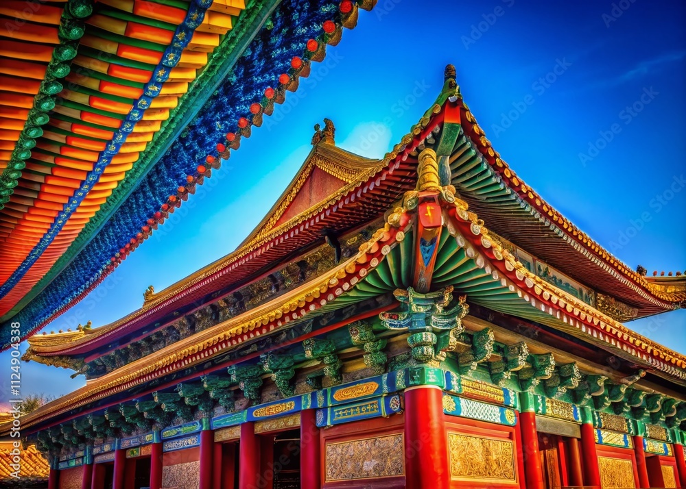 Fototapeta premium Captivating Low Light Photography of National Style Ancient Building Hall Roof Against a Clear Blue Sky, Emphasizing Architectural Beauty and Cultural Heritage