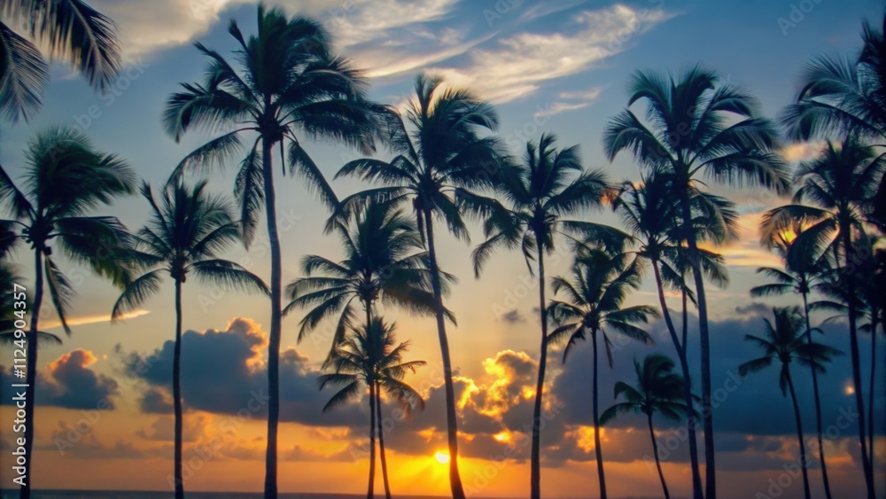 Silhouetted Palm Trees at Sunset Over a Calm Sea Silhouetted Palm Trees at Sunset Over a Calm Sea