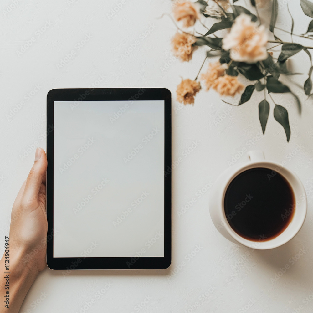Relaxing workspace with tablet, coffee, and flowers set on a clean background. Mockup of tablet in hand Relaxing workspace with tablet, coffee, and flowers set on a clean background. Mockup of tablet in hand