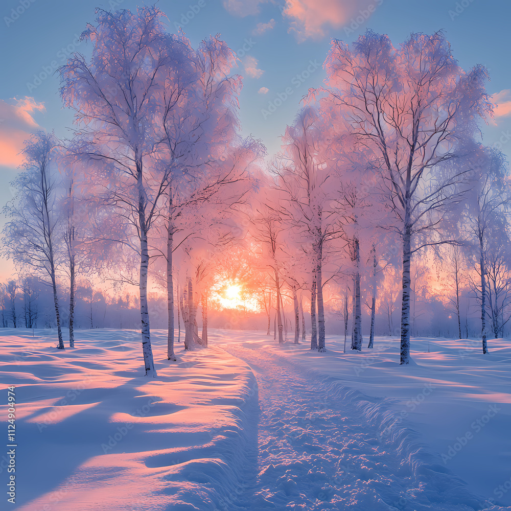 There is a beautiful sunrise surrounded by white trees and a pastel sky. Perfect for winter travel photography, the scene is peaceful and serene. There is a beautiful sunrise surrounded by white trees and a pastel sky. Perfect for winter travel photography, the scene is peaceful and serene.
