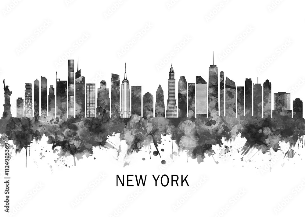New York USA Skyline BW, cityscape landscape watercolor painting print poster abstract splash illustration urban art modern downtown landmarks skyscrapers