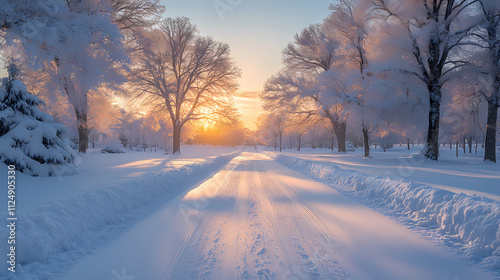 There is a beautiful sunrise surrounded by white trees and a pastel sky. Perfect for winter travel photography, the scene is peaceful and serene.