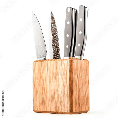 Set of kitchen knives in wooden block Isolated on white background photo