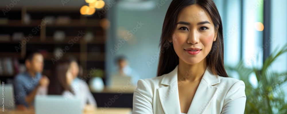 Young confident smiling Asian business woman leader, successful entrepreneur, elegant professional company executive ceo manager, wearing suit standing in office with arms crossed. Portrait Young confident smiling Asian business woman leader, successful entrepreneur, elegant professional company executive ceo manager, wearing suit standing in office with arms crossed. Portrait