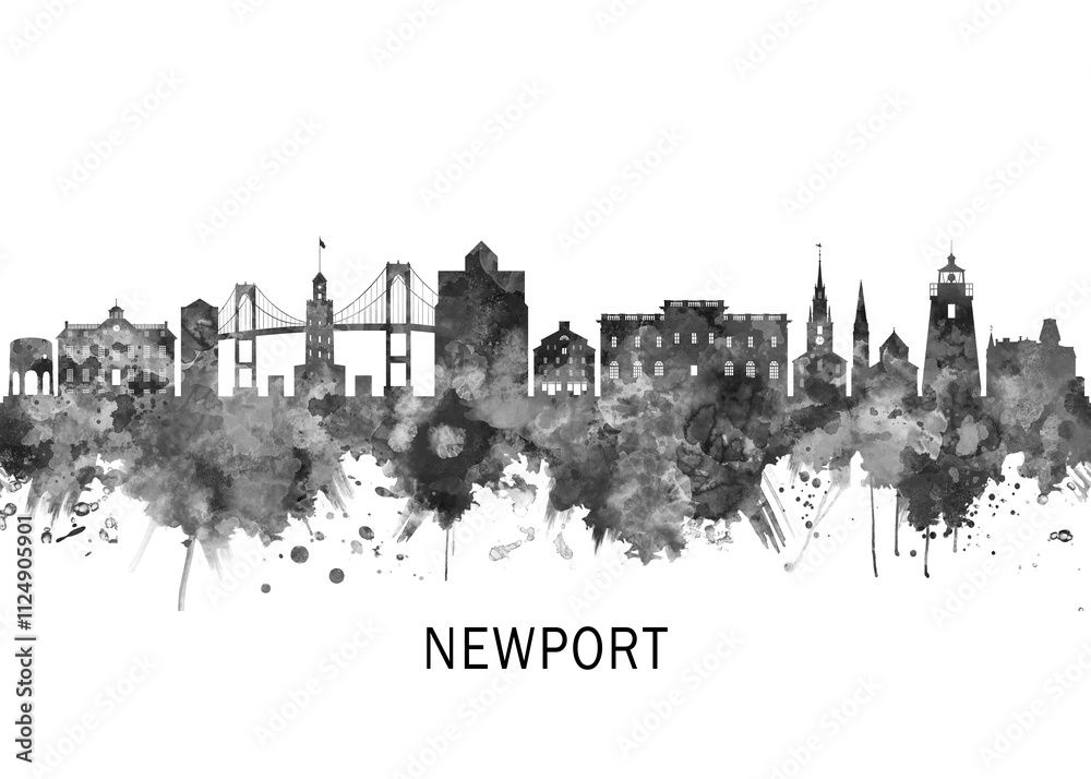 Newport Rhode Island Skyline BW, cityscape landscape watercolor painting print poster abstract splash illustration urban art modern downtown landmarks skyscrapers