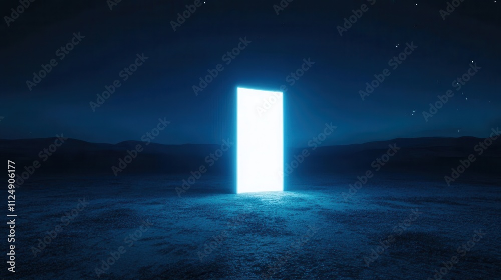 Mysterious Open Door in a Dark Landscape Under Starry Sky Mysterious Open Door in a Dark Landscape Under Starry Sky