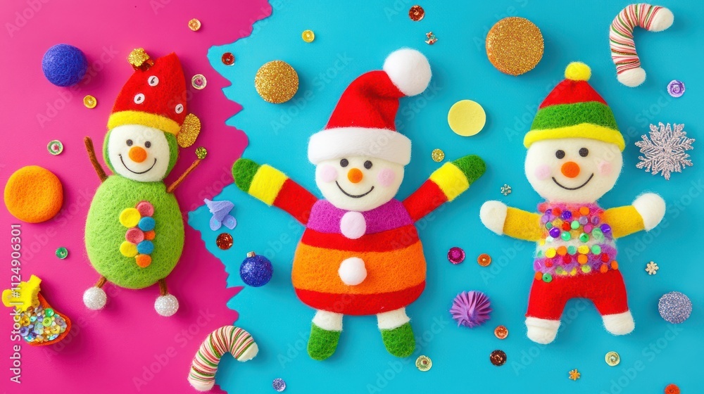 Colorful homemade holiday crafts using felt, sequins, and glue to create playful holiday characters