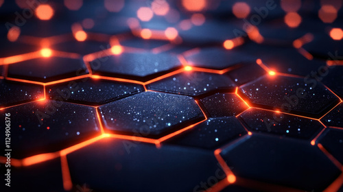 Abstract background of glowing hexagons arranged in a dynamic, futuristic grid
