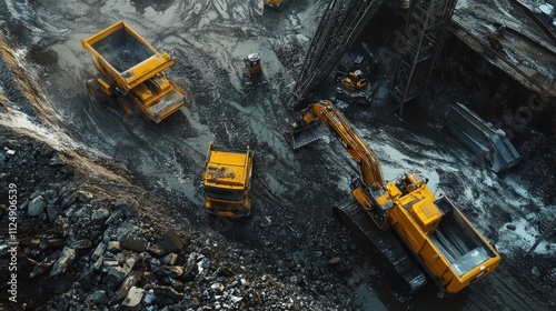 Aerial view of mining operation with excavators, dump trucks, and machinery working in a quarry.